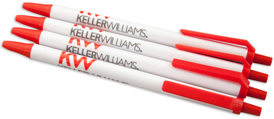 white click pens with red tip and clip and red and grey Keller willliams logo