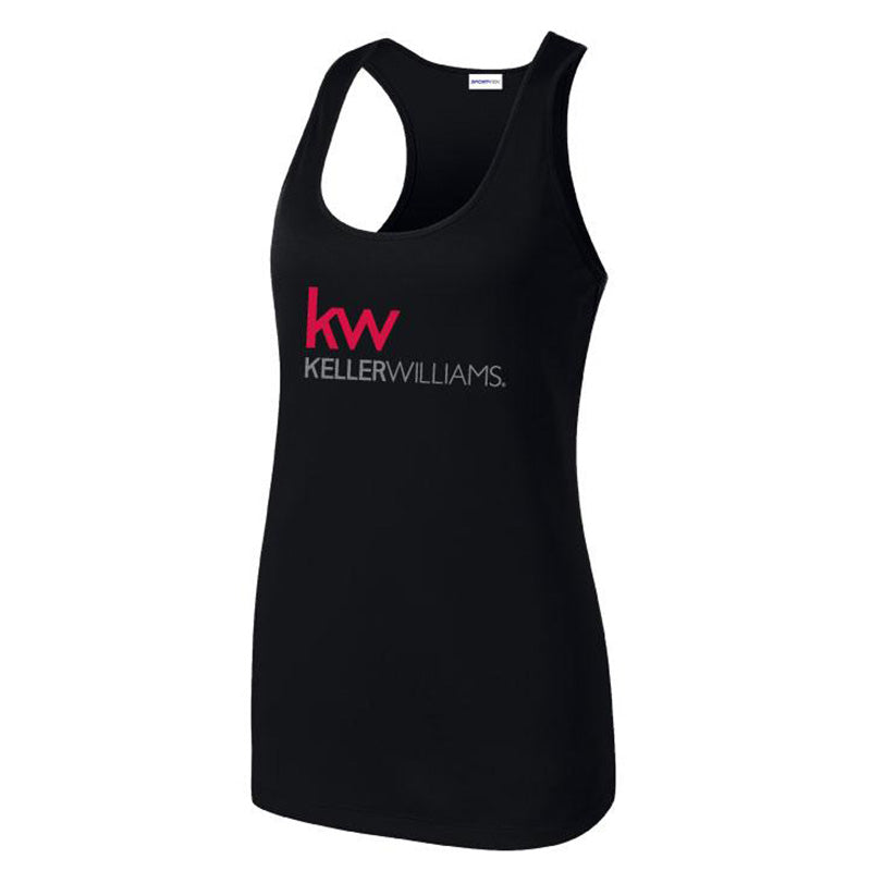 black racerback with screen printed Keller Williams logo in grey and red