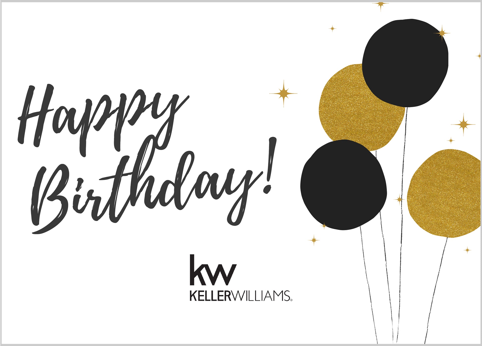 White greeting card with Keller Williams logo and birthday balloons in gold and black