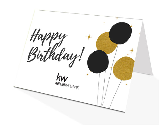 Happy Birthday greeting card with gold and black balloons and KW Logo